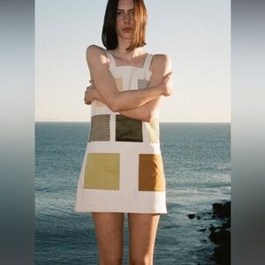 Women’s White Mini Dress with Olive & Mustard Block Patches